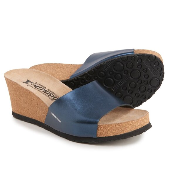 Mephisto Lise Wedge Sandal Slide Blue Metallic 39 NEW - Picture 1 of 6